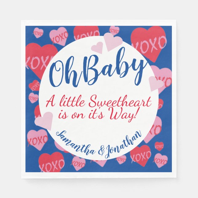 Oh Baby Pink Red Sweethearts Baby Shower Blue Napkin (Front)