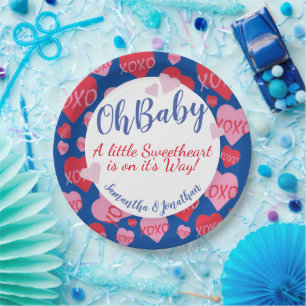 Oh Baby Pink Red Sweethearts Baby Shower Blue Paper Plate