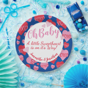 Oh Baby Pink Red Sweethearts Baby Shower Blue Paper Plate