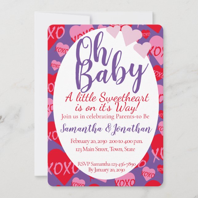 Oh Baby Pink Red Sweethearts Baby Shower Purple Invitation (Front)