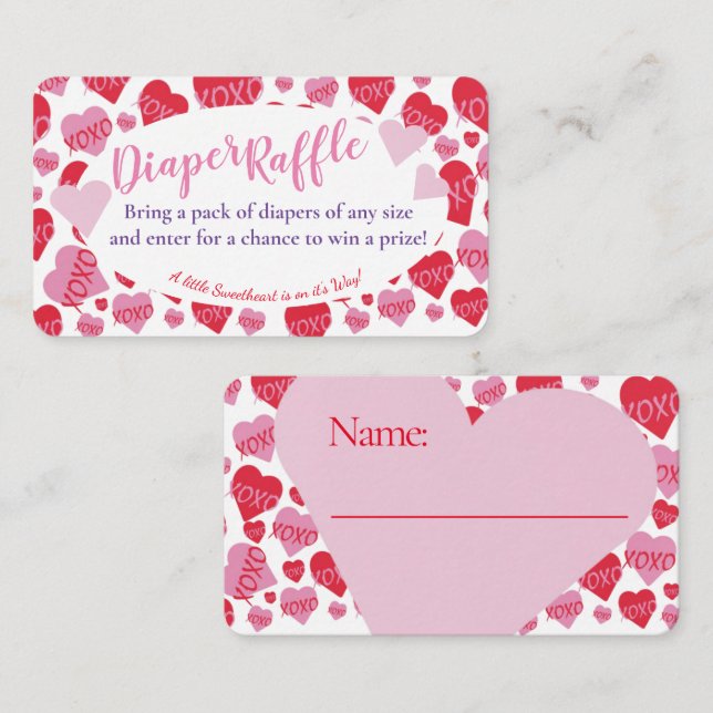 Oh Baby Pink Red Sweethearts Diaper Raffle White Enclosure Card (Front/Back)