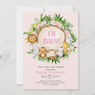 Oh Baby Pink Safari Jungle Wild Animal Baby Shower Invitation