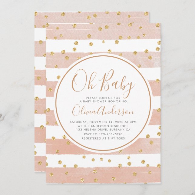 Oh Baby Pink Stripe Glitter Baby Shower Invitation (Front/Back)