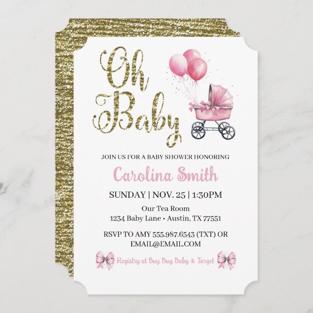 Oh Baby Pink Stroller Gold Glitter Baby Shower  Invitation (Front/Back)