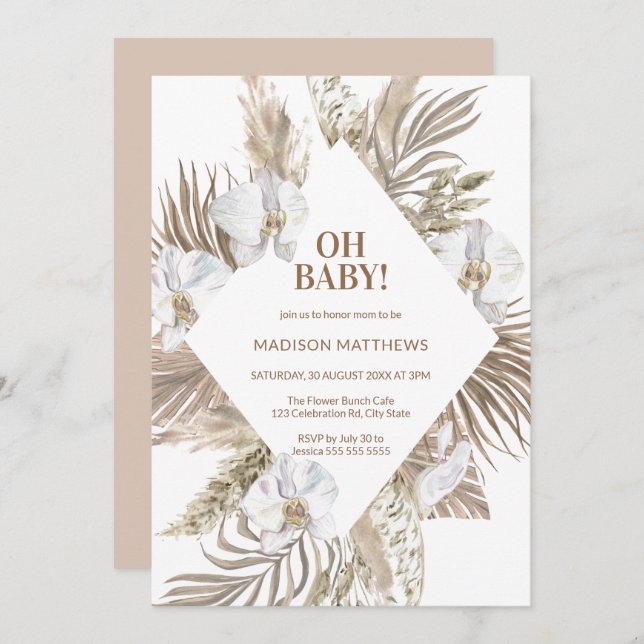 Oh Baby Pink & Tan Boho Floral Baby Shower  Invitation (Front/Back)