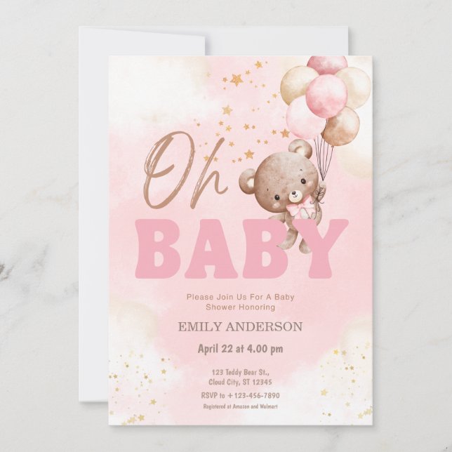 Oh Baby Pink Teddy Bear Balloons Girl Baby Shower  Invitation (Front)