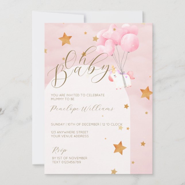 Oh Baby Pink Unicorn Baby Shower Invitation (Front)