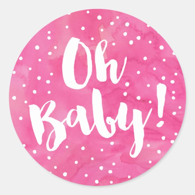 Oh Baby Pink Watercolor Baby Shower Classic Round Sticker (Front)