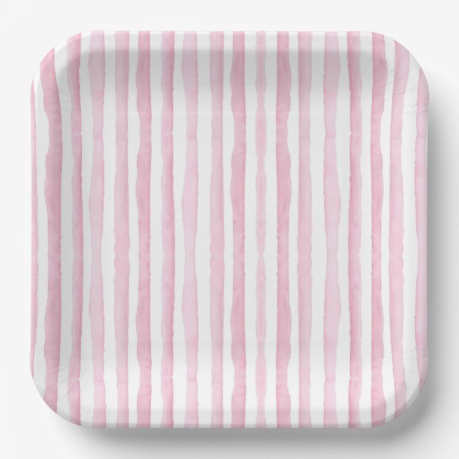 Oh Baby Pink Watercolor Stripes Baby Shower Paper Plate (Front)
