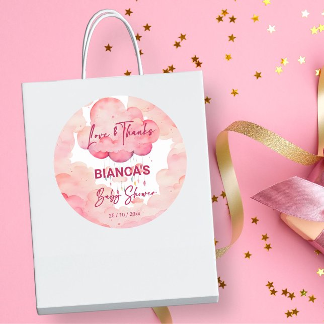 Oh baby pink whimsical cloud baby shower favour classic round sticker (Oh baby pink whimsical cloud baby shower thank you favor stickers baby shower favors)