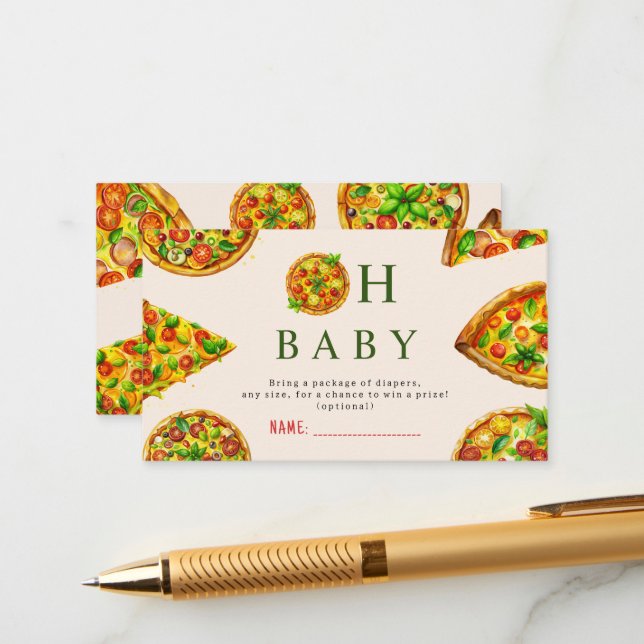 Oh Baby Pizza Tomatoes Olivia Green Baby Shower Enclosure Card (Front/Back In Situ)