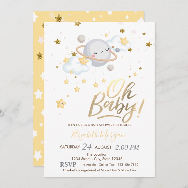 Oh Baby Planet Clouds Stars Baby Shower Invitation (Front/Back)