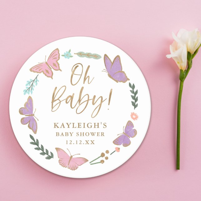 Oh Baby Pretty Butterflies Baby Shower Round Paper Coaster (Creator Uploaded)