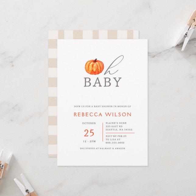 Oh Baby Pumpkin Gender Neutral Baby Shower Invitation (Front/Back In Situ)