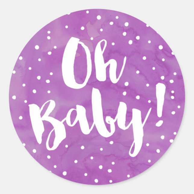 Oh Baby Purple Watercolor Baby Shower Classic Round Sticker (Front)