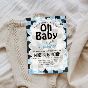 Oh Baby Race Car Chequered Blue Baby Shower Invitation