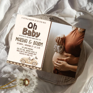 Oh Baby Race Car Chequered Mocha Baby Shower Photo Invitation