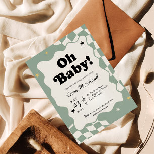 Oh Baby! Retro Checkered Sage Green Baby Shower  Invitation