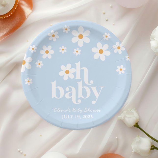 Oh Baby! Retro Daisy blue boho Baby Shower Paper Plate (Creator Uploaded)