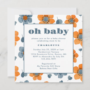 Oh Baby Retro Floral Orange Blue Baby Shower Invitation