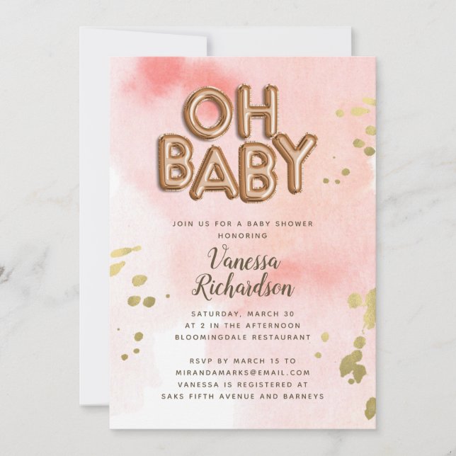Oh Baby Rose Gold Foil Balloon Baby Shower Announcement (Front)