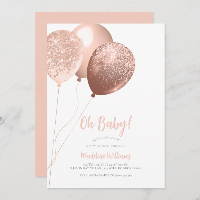 Oh Baby Rose Gold Glitter Balloons Baby Shower Invitation (Front/Back)