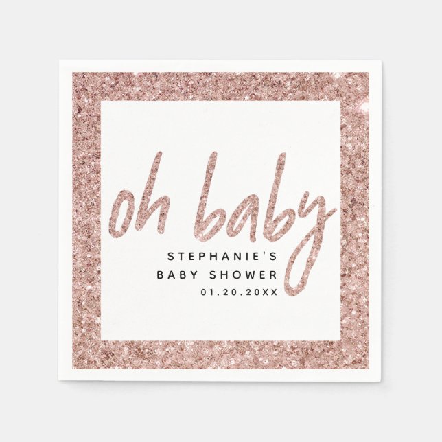 Oh Baby Rose Gold Pink Glitter Girl Baby Shower Napkin (Front)