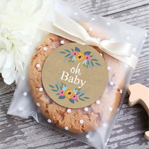 Oh Baby! Rustic Kraft Floral Wreath Baby Shower Classic Round Sticker
