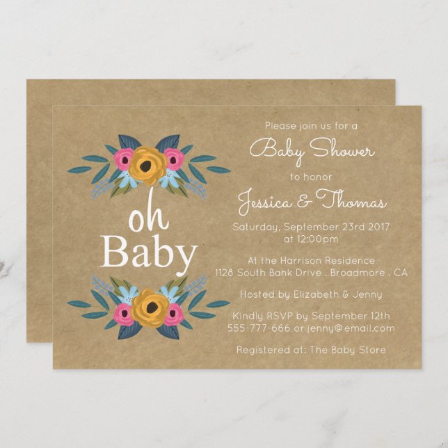 Oh Baby! Rustic Kraft Floral Wreath Baby Shower Invitation (Front/Back)