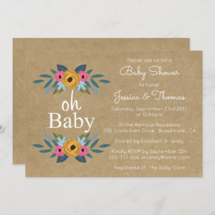 Oh Baby! Rustic Kraft Floral Wreath Baby Shower Invitation