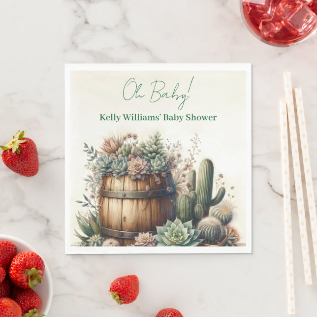 Oh Baby! Rustic Succulents & Cacti Baby Shower Napkin (Insitu)