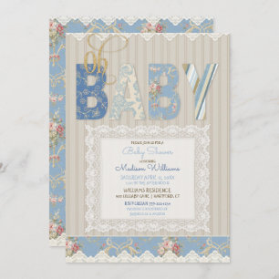 Oh Baby Rustic Wood Lace Blue Ivory Boy Invitation