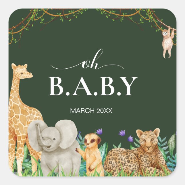 Oh baby Safar Animal Jungle Greenery Baby Shower Square Sticker (Front)