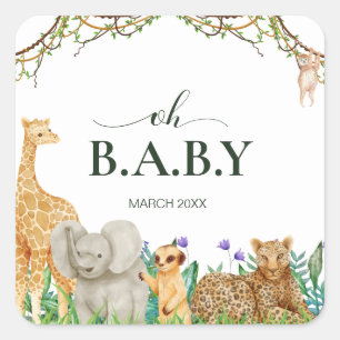 Oh baby Safar Animal Jungle Greenery Baby Shower Square Sticker