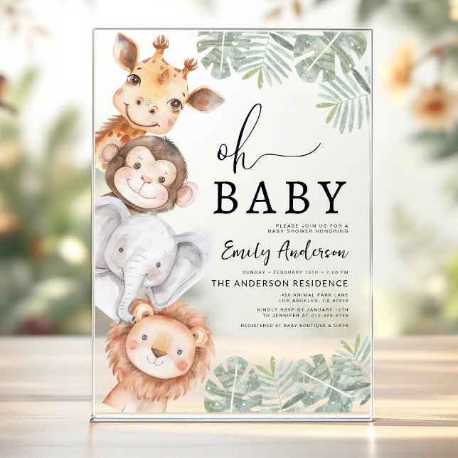 Oh Baby Safari Animal Boy's Baby Shower Acrylic Invitations (Creator Uploaded)