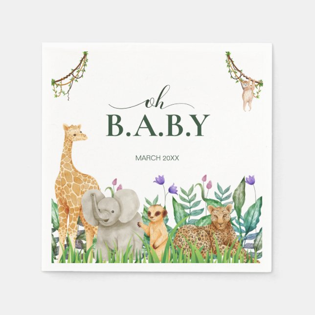 Oh baby Safari Animal Jungle Green Baby Shower Napkin (Front)
