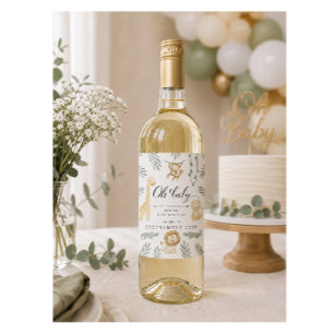 Oh Baby Safari Animals Baby Shower Jungle Greenery Wine Label