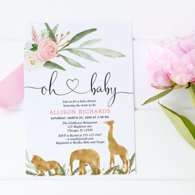 Oh baby safari greenery gold girl baby shower invitation (Creator Uploaded)