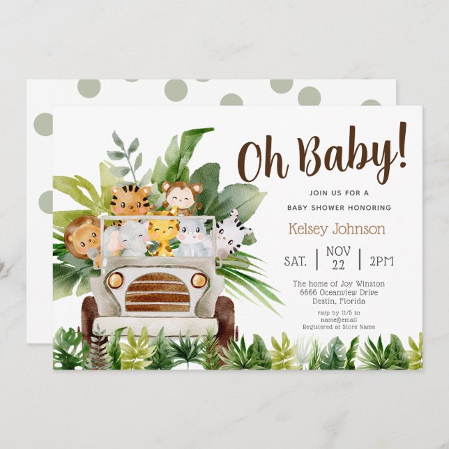 Oh Baby Safari Jungle Zoo Animals Boy Baby Shower Invitation (Front/Back)