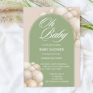 Oh baby sage beige balloon arch minimalist simple invitation
