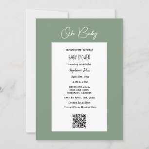 Oh Baby Sage Green Baby Shower QR Code Script Invitation