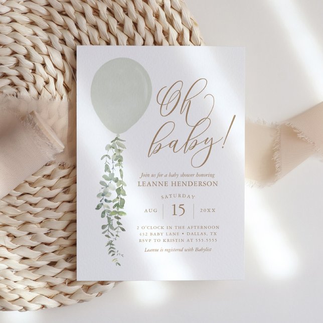 Oh Baby Sage Green Balloon Eucalyptus Baby Shower Invitation (Creator Uploaded)