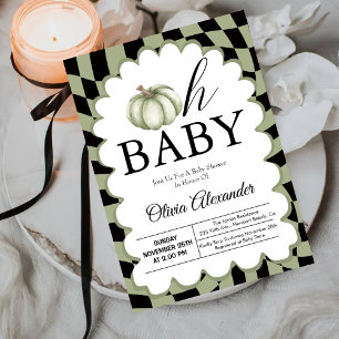 Oh Baby Sage Green Chequered Baby Shower Invitation