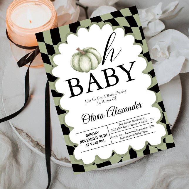 Oh Baby Sage Green Chequered Baby Shower  Invitation (Creator Uploaded)