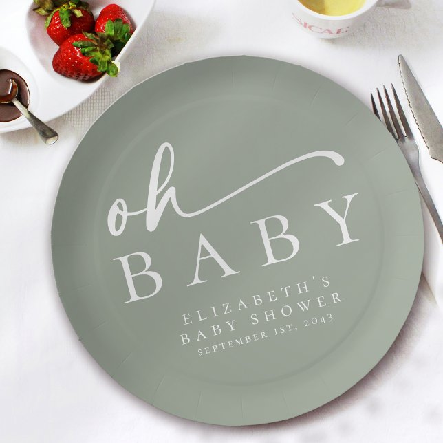Oh Baby Sage Green Minimalist Baby Shower Paper Plate (Creator Uploaded)