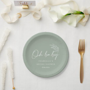 Oh Baby Sage Green Modern Baby Shower Paper Plate