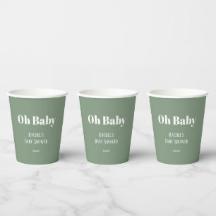 Oh Baby Sage Green Script Girls Boys Baby Shower Paper Cups