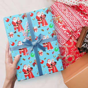 Oh Baby Santa & Mrs. Claus Baby Shower Blue Wrapping Paper
