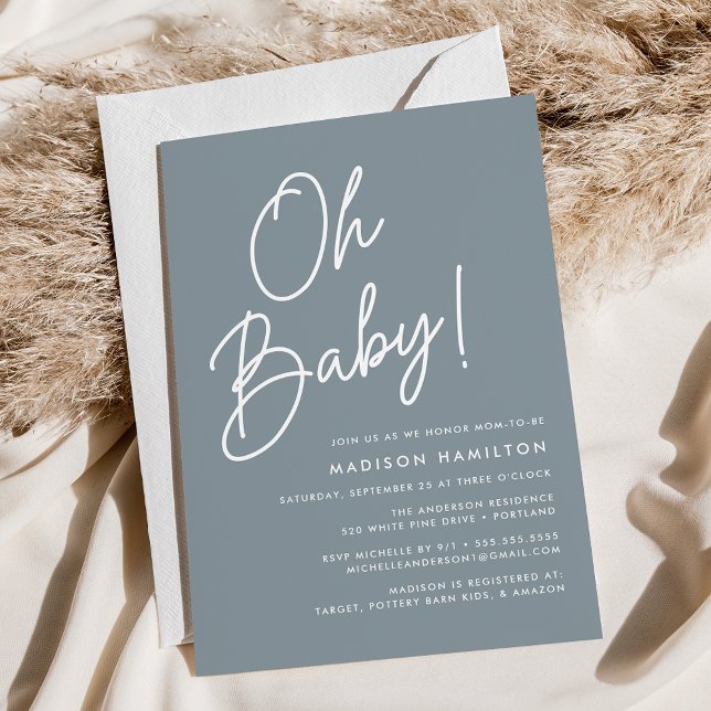 Oh Baby Script Dusty Blue Minimalist Baby Shower Invitation (Creator Uploaded)