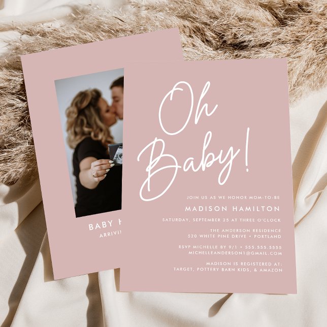 Oh Baby Script Dusty Rose Photo Baby Shower Invitation (Creator Uploaded)
